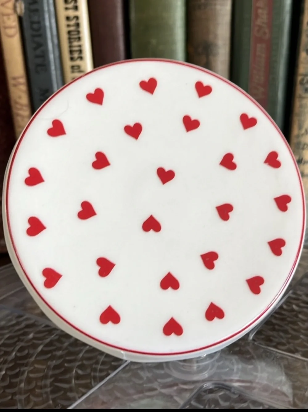 White Ceramic Mini Pedestal Cake Stand with Red Hearts